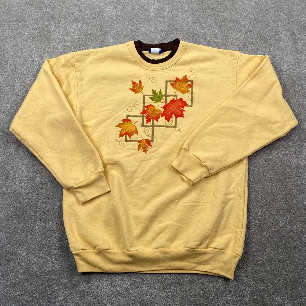PFI Double Crew Neck Leaf's Fleece Pullover Sweatshirt Women's Size L Yellow
